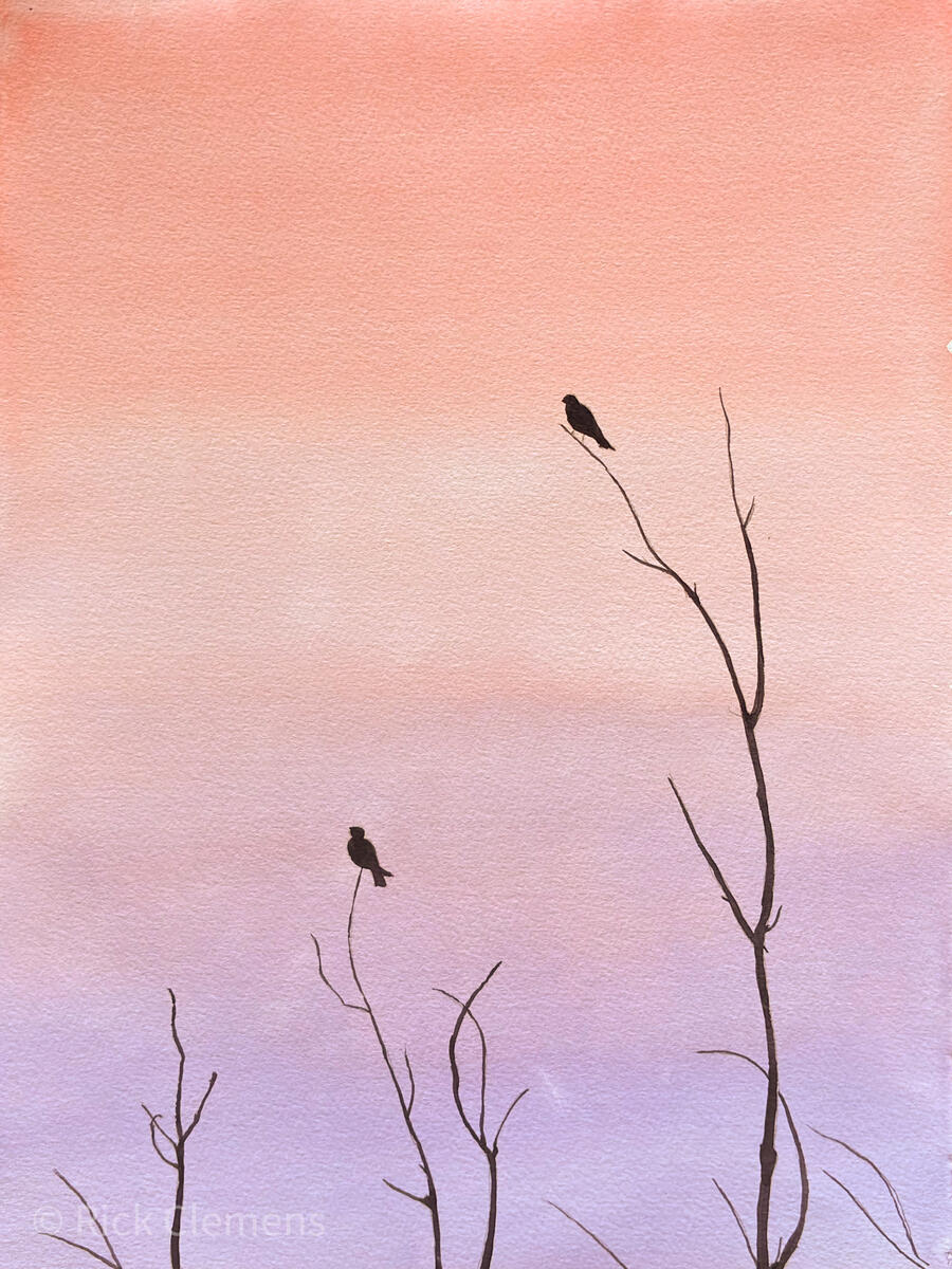 Evening Song "Evening Song" – original watercolor painting of two bird silhouettes perched on bare branches against a peach and lavender sunset sky, by Rick Clemens