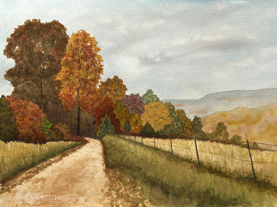 Casey Ridge Road "Casey Ridge Road" – original watercolor landscape painting of a winding dirt road through autumn foliage with rolling hills in the distance, by Rick Clemens