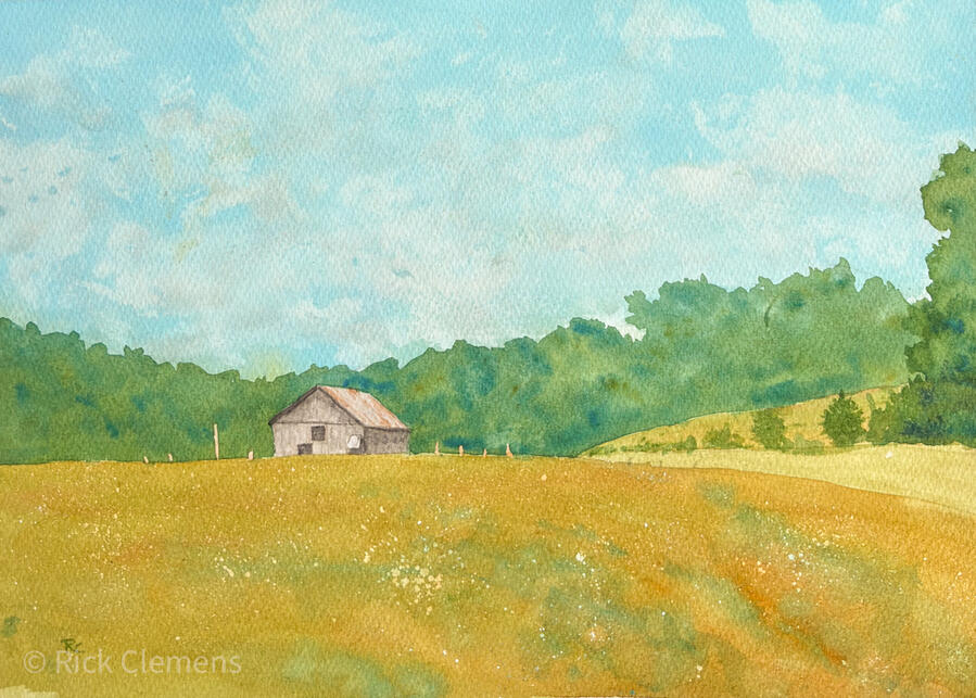 Red Barn Near Linden Lure "Red Barn Near Linden Lure" – original watercolor landscape painting of a red barn with a tin roof in an open golden field with misty mountain ridges in the distance, by Rick Clemens