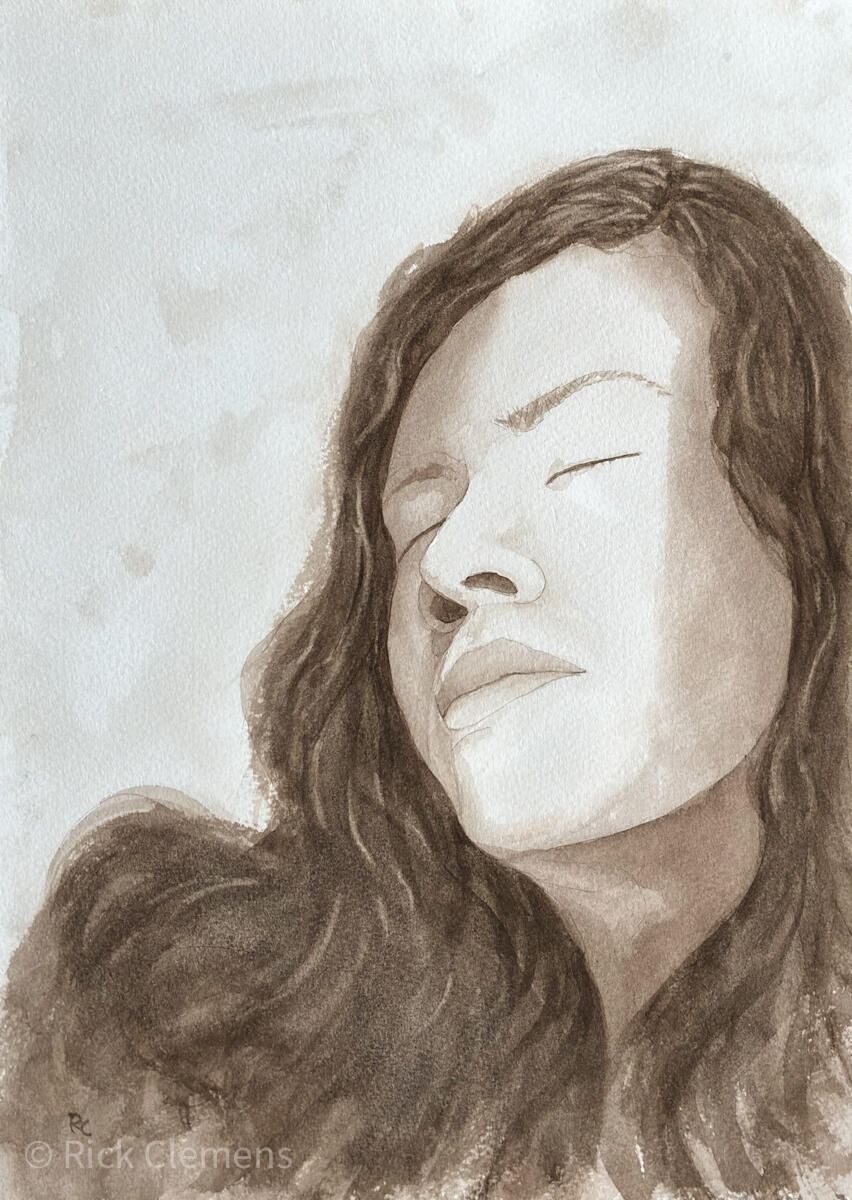 Looking Up "Looking Up" – original watercolor portrait of an elderly woman in a blue hat gazing upward, painted in warm peach and lavender tones, by Rick Clemens