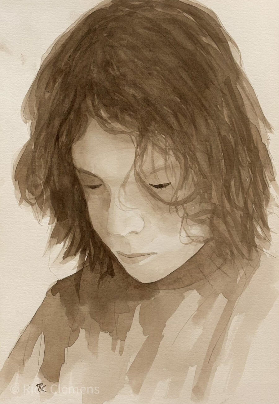 Down In the Dumps "Down In The Dumps" – original watercolor portrait of a young woman with dark hair looking downward, painted in warm sepia tones, by Rick Clemens