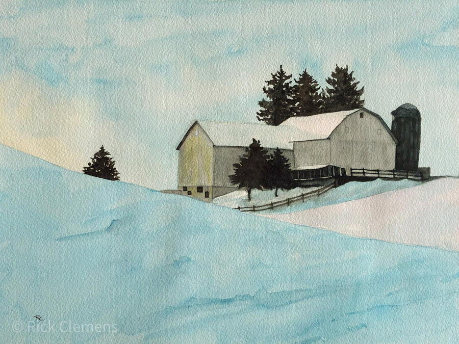 Winter Morning "Winter Morning" – original watercolor landscape painting of a snow-covered farm with white barns and a silo nestled among evergreens under a pale winter sky, by Rick Clemens
