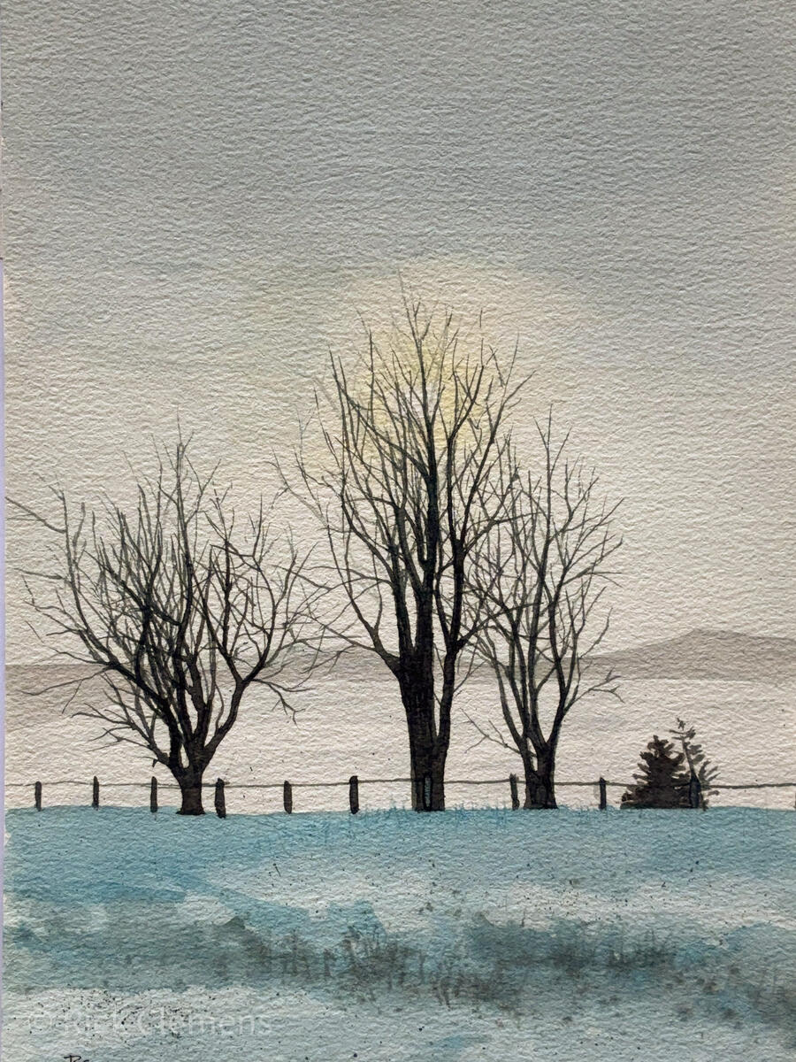 Winter Trees "Winter Trees" – original watercolor landscape painting of bare trees silhouetted against a pale winter sky with a glowing horizon and snow-covered fields, by Rick Clemens