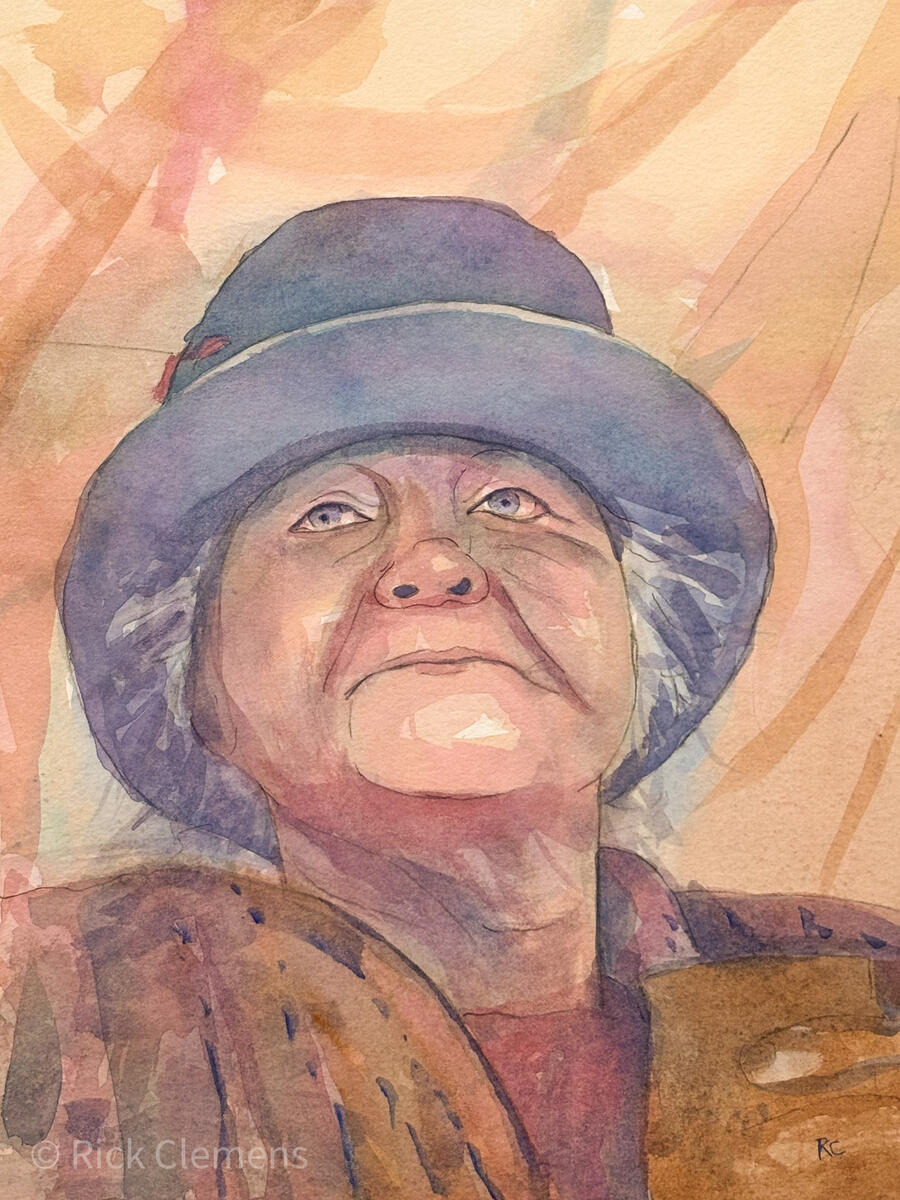 Looking Up "Looking Up" – original watercolor portrait of an elderly woman in a blue hat gazing upward, painted in warm peach and lavender tones, by Rick Clemens