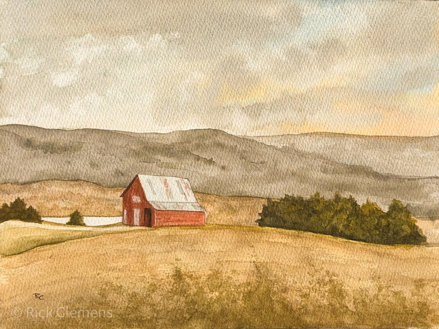 Red Barn Near Linden Lure "Red Barn Near Linden Lure" – original watercolor landscape painting of a red barn with a tin roof in an open golden field with misty mountain ridges in the distance, by Rick Clemens